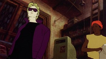 Movie still from “American Pop” (1981), directed by Ralph Bakshi – A man in a purple jacket is standing in a room; Medium shot, Low angle