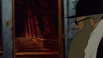 Movie still from “American Pop” (1981), directed by Ralph Bakshi – An animated picture of a man in a hat looking out of a window; Close Up shot, Over the shoulder angle