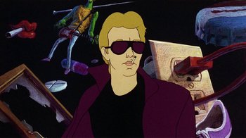 Movie still from “American Pop” (1981), directed by Ralph Bakshi – A cartoon of a man wearing sunglasses and a purple jacket; Medium shot, Low angle