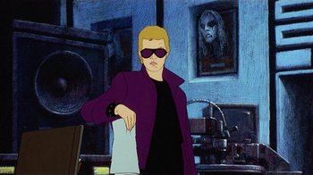 Movie still from “American Pop” (1981), directed by Ralph Bakshi – A man in a purple jacket holding a paper; Medium shot, Low angle