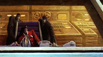 Movie still from “American Pop” (1981), directed by Ralph Bakshi – A painting of a man in a red jacket sitting on a chair; Wide shot, Low angle