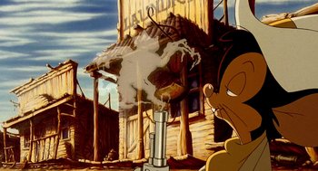 Movie still from “An American Tail: Fievel Goes West” (1991), directed by Simon Wells – An animated scene of a cow and a man; Close Up shot, Low angle