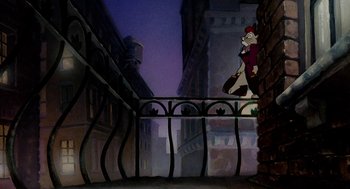 Movie still from “An American Tail: Fievel Goes West” (1991), directed by Simon Wells – A painting of a cat on a balcony at night; Wide shot, Low angle