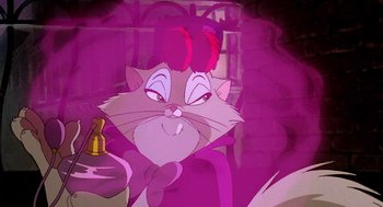 Movie still from “An American Tail: Fievel Goes West” (1991), directed by Simon Wells – A cat with a red bow on it's head; Close Up shot, Over the shoulder angle