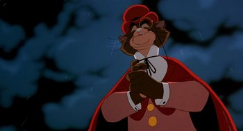 Movie still from “An American Tail: Fievel Goes West” (1991), directed by Simon Wells – A cat wearing a red coat and a red hat; Close Up shot, Low angle