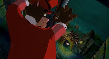 Movie still from “An American Tail: Fievel Goes West” (1991), directed by Simon Wells – A scene from the movie the fox and the hound; Wide shot, Overhead angle