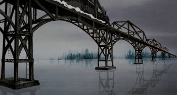 Movie still from “An American Tail: Fievel Goes West” (1991), directed by Simon Wells – A painting of a bridge over a body of water; Extreme Wide shot, Low angle