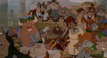 Movie still from “An American Tail: Fievel Goes West” (1991), directed by Simon Wells – A group of cartoon characters are grouped together; Wide shot, High angle