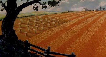 Movie still from “An American Tail: Fievel Goes West” (1991), directed by Simon Wells – An oil painting of an open field with a tree in the foreground; Extreme Wide shot, High angle