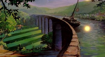 Movie still from “An American Tail: Fievel Goes West” (1991), directed by Simon Wells – A painting of a boat on the water near a bridge; Extreme Wide shot, Low angle