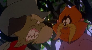 Movie still from “An American Tail: Fievel Goes West” (1991), directed by Simon Wells – A dog and a cat are fighting in a scene from a cartoon; Close Up shot, Over the shoulder angle