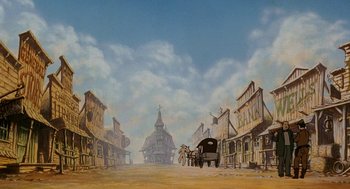 Movie still from “An American Tail: Fievel Goes West” (1991), directed by Simon Wells – An oil painting of an old western town; Extreme Wide shot, Low angle