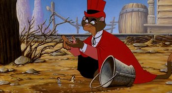 Movie still from “An American Tail: Fievel Goes West” (1991), directed by Simon Wells – A painting of a cat wearing a top hat and holding a pail; Wide shot, Over the shoulder angle