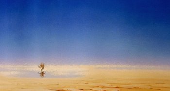 Movie still from “An American Tail: Fievel Goes West” (1991), directed by Simon Wells – An oil painting of a tree in the middle of the desert; Extreme Wide shot, Low angle