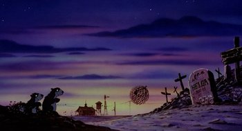 Movie still from “An American Tail: Fievel Goes West” (1991), directed by Simon Wells – A painting of crosses in the sky at night; Extreme Wide shot, Low angle