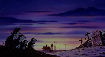 Movie still from “An American Tail: Fievel Goes West” (1991), directed by Simon Wells – A couple of dogs sitting on top of a beach; Wide shot, Low angle