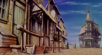 Movie still from “An American Tail: Fievel Goes West” (1991), directed by Simon Wells – An oil painting of an old western town; Extreme Wide shot, Low angle