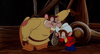 Movie still from “An American Tail: Fievel Goes West” (1991), directed by Simon Wells – A couple of people that are standing next to each other; Medium shot, Over the shoulder angle