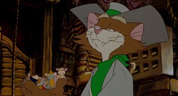 Movie still from “An American Tail: Fievel Goes West” (1991), directed by Simon Wells – A cartoon of a cat wearing a green tie; Close Up shot, Low angle