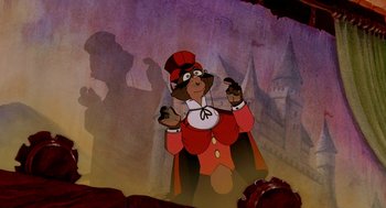 Movie still from “An American Tail: Fievel Goes West” (1991), directed by Simon Wells – A picture of a character from the disney movie the hunchback of notre - dame; Medium shot, Low angle
