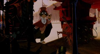 Movie still from “An American Tail: Fievel Goes West” (1991), directed by Simon Wells – A picture of a character in a cartoon style; Wide shot, Low angle