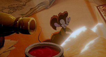 Movie still from “An American Tail: Fievel Goes West” (1991), directed by Simon Wells – A mouse that is sitting in front of a bowl of ketchup; Medium shot, High angle