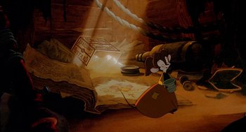 Movie still from “An American Tail: Fievel Goes West” (1991), directed by Simon Wells – A picture of a scene in a cartoon with a mouse; Wide shot, High angle