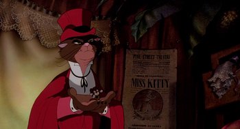 Movie still from “An American Tail: Fievel Goes West” (1991), directed by Simon Wells – A cartoon character dressed as a woman holding a cat; Close Up shot, Over the shoulder angle