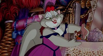 Movie still from “An American Tail: Fievel Goes West” (1991), directed by Simon Wells – A picture of a cartoon cat in a purple dress; Medium shot, Over the shoulder angle