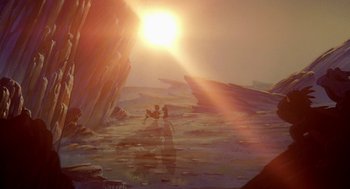 Movie still from “An American Tail: Fievel Goes West” (1991), directed by Simon Wells – The sun is shining over the water and rocks in the water; Extreme Wide shot, Low angle