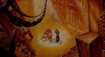 Movie still from “An American Tail: Fievel Goes West” (1991), directed by Simon Wells – A scene from the animated film the flintstones; Wide shot, High angle