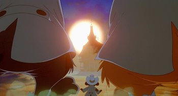 Movie still from “An American Tail: Fievel Goes West” (1991), directed by Simon Wells – A group of people standing in front of a sunset; Wide shot, Low angle