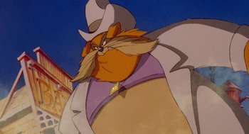Movie still from “An American Tail: Fievel Goes West” (1991), directed by Simon Wells – An animated picture of a man with a long beard; Medium shot, Low angle