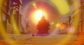 Movie still from “An American Tail: Fievel Goes West” (1991), directed by Simon Wells – The sun is setting over a small town; Extreme Wide shot, Low angle