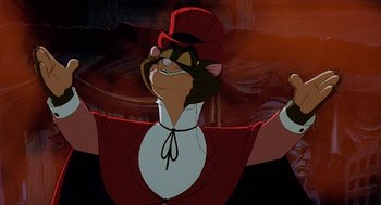 Movie still from “An American Tail: Fievel Goes West” (1991), directed by Simon Wells – A picture of a cat in a red outfit; Close Up shot, Low angle