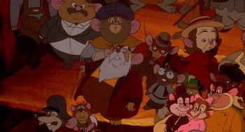 Movie still from “An American Tail: Fievel Goes West” (1991), directed by Simon Wells – A lot of cartoon characters on the wall; Medium shot, High angle