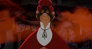Movie still from “An American Tail: Fievel Goes West” (1991), directed by Simon Wells – A picture of a cat wearing a red hat; Close Up shot, Low angle