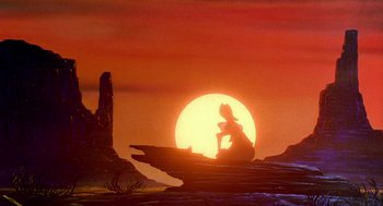 Movie still from “An American Tail: Fievel Goes West” (1991), directed by Simon Wells – The sun is setting in the middle of the desert; Wide shot, Low angle