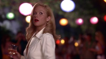 Movie still from “Anchorman: The Legend of Ron Burgundy” (2004), directed by Adam McKay – A woman in a white jacket standing in front of lights; Close Up shot, Low angle