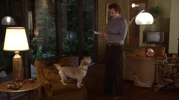 Movie still from “Anchorman: The Legend of Ron Burgundy” (2004), directed by Adam McKay – A man standing next to a dog in a living room; Medium shot, Over the shoulder angle
