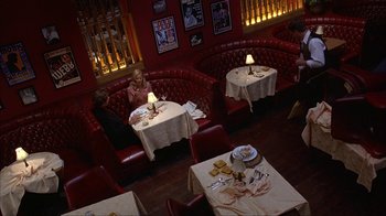 Movie still from “Anchorman: The Legend of Ron Burgundy” (2004), directed by Adam McKay – Two people sitting at a table in a restaurant; Wide shot, High angle