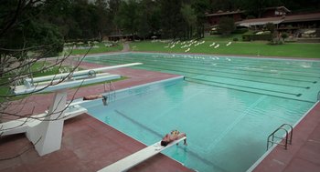 Movie still from “And Your Mother Too” (2001), directed by Alfonso Cuarón – A man is swimming in a swimming pool; Extreme Wide shot, High angle