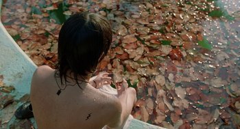 Movie still from “And Your Mother Too” (2001), directed by Alfonso Cuarón – A woman sitting in front of a body of water covered in leaves; Medium shot, Overhead angle