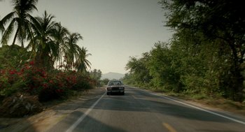 Movie still from “And Your Mother Too” (2001), directed by Alfonso Cuarón – A car driving down a road with palm trees in the background; Extreme Wide shot, Low angle