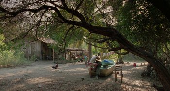 Movie still from “And Your Mother Too” (2001), directed by Alfonso Cuarón – A boat sitting on top of a beach under a tree; Extreme Wide shot, High angle