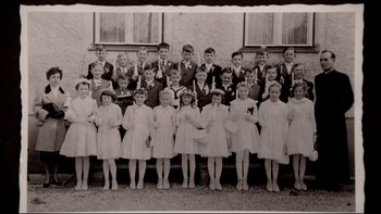 Movie still from “Angst” (1983), directed by Gerald Kargl – An old photo of a group of children posing for a picture; Wide shot, High angle