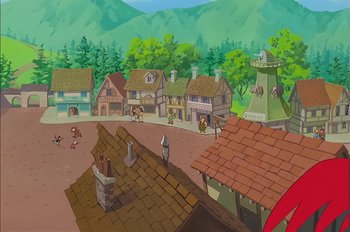 Movie still from “Animaniacs: Wakko's Wish” (1999), directed by Kirk Tingblad – An animated town is shown in a cartoon style; Extreme Wide shot, High angle