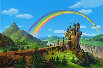 Movie still from “Animaniacs: Wakko's Wish” (1999), directed by Kirk Tingblad – A castle on a hill with a rainbow in the background; Extreme Wide shot, Low angle