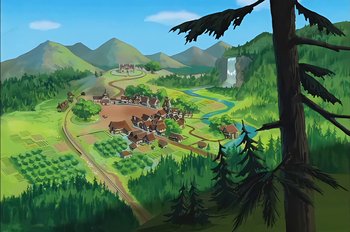 Movie still from “Animaniacs: Wakko's Wish” (1999), directed by Kirk Tingblad – An illustration of a village in the middle of a forest; Extreme Wide shot, High angle
