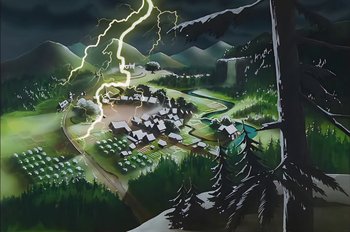 Movie still from “Animaniacs: Wakko's Wish” (1999), directed by Kirk Tingblad – A painting of a town with a lightning strike coming from the sky; Extreme Wide shot, Overhead angle